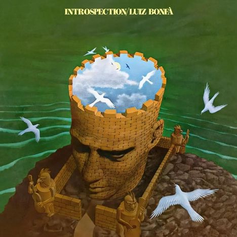 „INTROSPECTION/LUIZ BONFÀ“, surrealer Kopf mit Wolken und Vögeln, von einer Mauer mit Figuren umgeben.