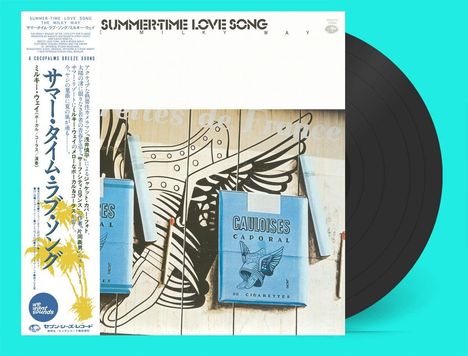 "SUMMERTIME LOVE SONG", japanischer Text vertikal, Palmenillustration, Schachteln Zigaretten, Schmetterlingsflügelzeichnung.