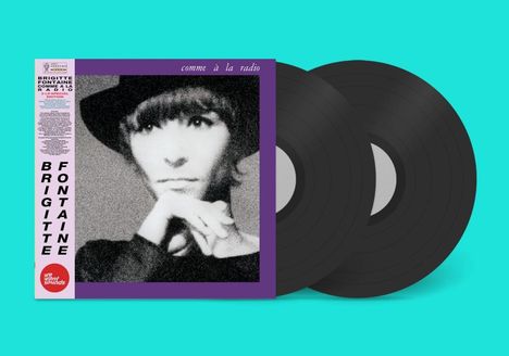 Text: "Brigitte Fontaine", "Comme à la Radio". Schwarz-weiße Porträtillustration einer Frau, zwei Schallplatten im Hintergrund.