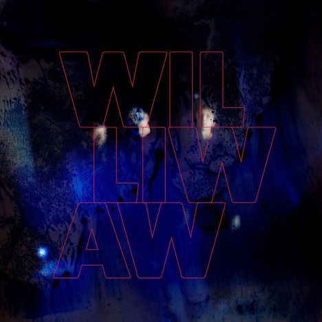 "WIL LLIW AW" in roten Konturen über einem abstrakten, dunklen, blau-schwarzen Hintergrund mit Lichtpunkten.