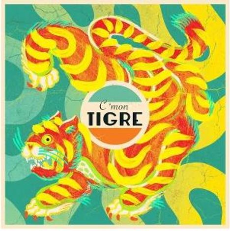 Text "C'mon TIGRE" auf einer Illustration eines dynamisch gemusterten Tigers mit gelben und orangen Streifen.
