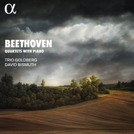 "BEETHOVEN QUARTETS WITH PIANO. TRIO GOLDBERG, DAVID BISMUTH." Eine Landschaft mit dramatischen Wolken.