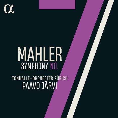 „Mahler Symphony No. 7, Tonhalle-Orchester Zürich, Paavo Järvi“. Lila und weiße Elemente auf dunklem Hintergrund.