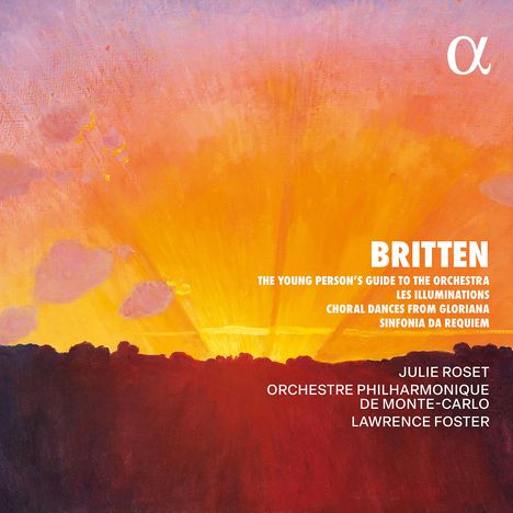 Text: BRITTEN, THE YOUNG PERSON'S GUIDE TO THE ORCHESTRA, LES ILLUMINATIONS. Illustration: Sonnenuntergang mit Wolken.