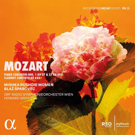 Texte: "MOZART", "PIANO CONCERTOS NOS. 1 KV 37 & 27 KV 595", "CLARINET CONCERTO KV 622", Namen und Orchester. Logo: α. Hintergrund: Bunte Blumen.