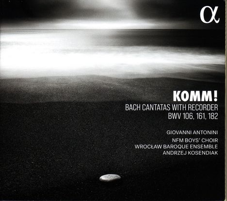 "KOMM! Bach Cantatas with Recorder BWV 106, 161, 182. Giovanni Antonini, NFM Boys’ Choir, Wrocław Baroque Ensemble."   
Ein Kiesel auf dunklem Sand unter bewölktem Himmel.