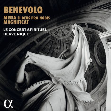 Texte oben: "BENVOLO, MISSA SI DEUS PRO NOBIS, MAGNIFICAT, LE CONCERT SPIRITUEL, HERVE NIQUET." Statue mit wehender Kleidung.