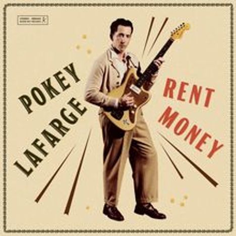 Text: "POKEY LAFARGE" links, "RENT MONEY" rechts. Ein Mann in Anzug hält eine Gitarre. Vintage-Stil.