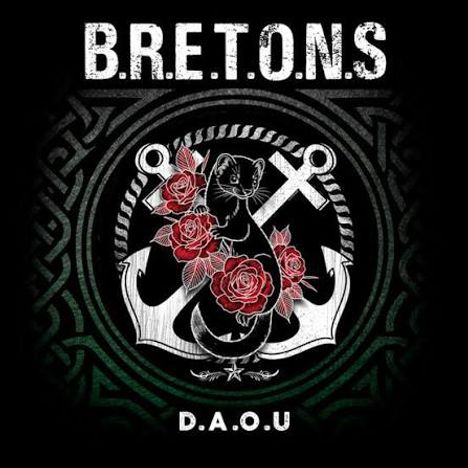 Text "B.R.E.T.O.N.S" und "D.A.O.U". Illustration: Wiesel, Anker und Rosen auf schwarzem Hintergrund.