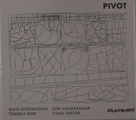 Text oben: PIVOT.   
Namen unten: Mats Gustafsson, Tomeka Reid, Ken Vandermark, Chad Taylor.   
Logo: Silkheart.  
Illustration: Abstrakte Linien und Formen.
