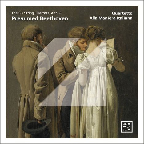 "The Six String Quartets, Anh. 2, Presumed Beethoven, Quartetto Alla Maniera Italiana." Eine klassische Szene mit drei Personen.