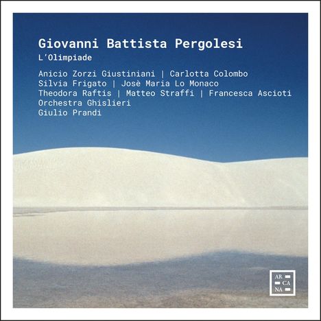 Text: Giovanni Battista Pergolesi, L'Olimpiade, Namen von Interpreten und Orchester. Sanddünen und blauer Himmel.