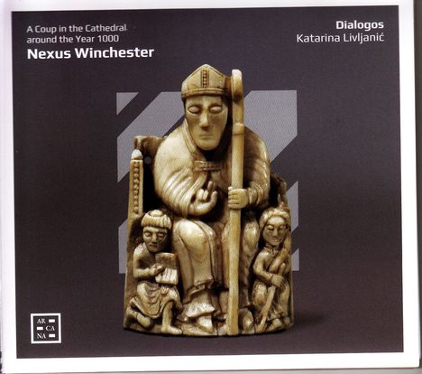 Text: "A Coup in the Cathedral around the Year 1000", "Nexus Winchester", "Dialogos Katarina Livljanić". Skulptur: Sitzender Bischof mit zwei Figuren.