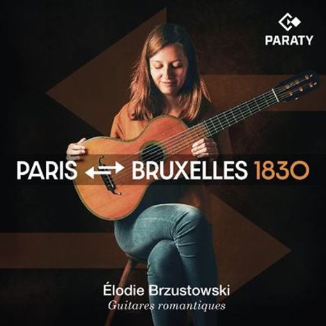 "PARIS ↔ BRUXELLES 1830" und "Élodie Brzustowski, Guitares romantiques" auf dunklem Hintergrund. Frau mit Gitarre sitzt.