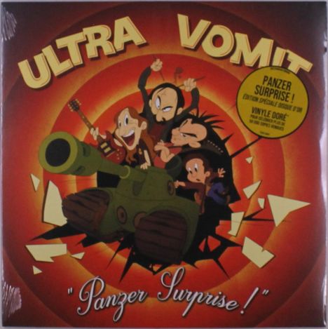 „ULTRA VOMIT“ oben, „Panzer Surprise!“ unten. Illustration von Figuren auf einem Panzer vor einem rot-orangefarbenen Hintergrund.