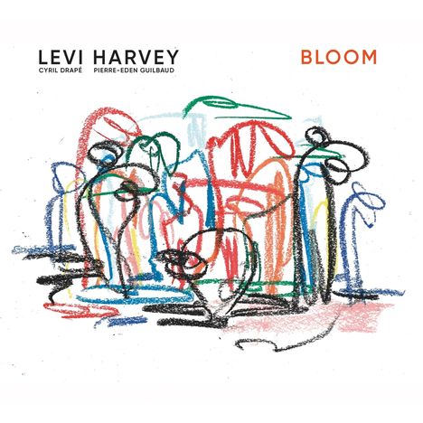 "LEVI HARVEY" oben links, "BLOOM" oben rechts. Bunte Kritzel-Linien in abstrakter Anordnung dominieren das Bild.