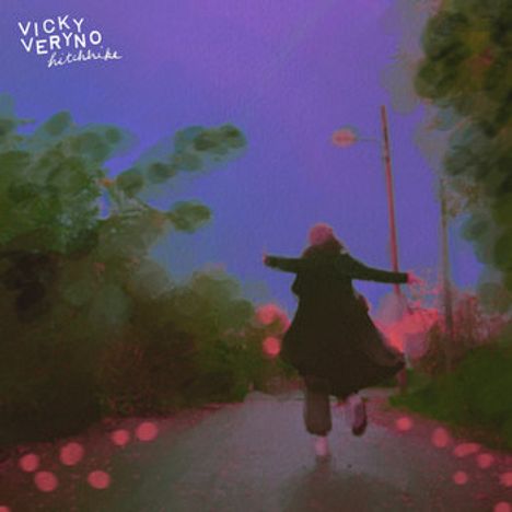 Text: "VICKY VERYNO hitchhike". Eine Person springt fröhlich auf einer Straße in einer bunten Landschaft.