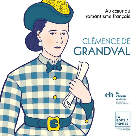 Text: "Au cœur du romantisme français", "Clémence de Grandval". Illustration einer Frau in kariertem Kleid, Hut und Ohrringen.