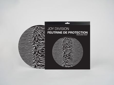 „JOY DIVISION FEUTRINE DE PROTECTION RECORD MAT.“ Schwarzer Hintergrund mit weißen Linien in Wellenform.