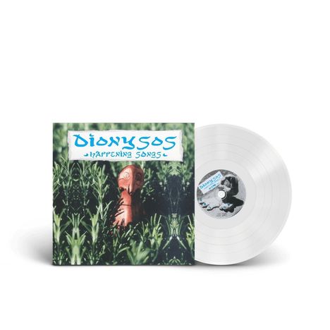 "Dionysos - Happening Songs" in blauer Schrift auf einem Albumcover mit Pflanzendarstellung und abstrakter Figur. Vinyl daneben.