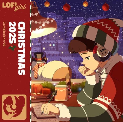 Text links: "LOFI girl," "CHRISTMAS 2025," "Compilation n.39." Illustration: Mädchen mit Kopfhörern, Katze, winterliches Fenster.