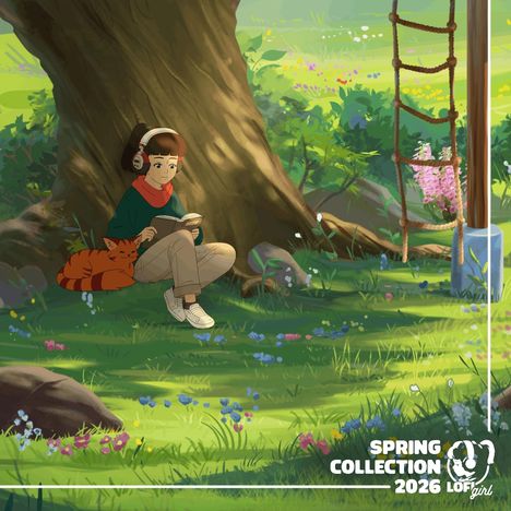 SPRING COLLECTION 2026 Logo. Illustration: Mädchen mit Kopfhörern liest unter einem Baum, Katze daneben, leuchtende Wiese.