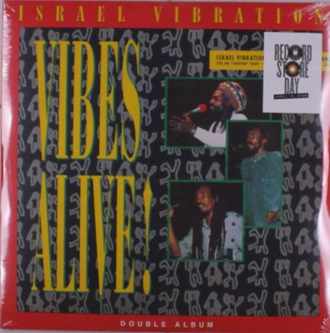 "Vibes Alive!", "Israel Vibration", "Double Album", "Record Store Day". Drei Sänger in kleinen Fotos auf buntem Hintergrund.