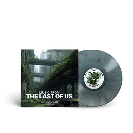 "Music from The Last of Us" steht auf einem Albumcover. Die Szene zeigt überwucherte, verlassene Gebäude und Brücken.