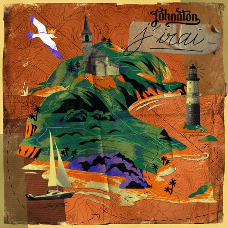 Text: "Johnaton j'irai". Illustration: Küstenlandschaft mit Kirche, Leuchtturm, Segelboot und Möwe über einer topografischen Karte.