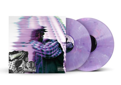 „Parental Advisory Explicit Content“. Verzerrte, farbenfrohe Darstellung auf Plattencover, zwei lila Vinyl-Schallplatten.
