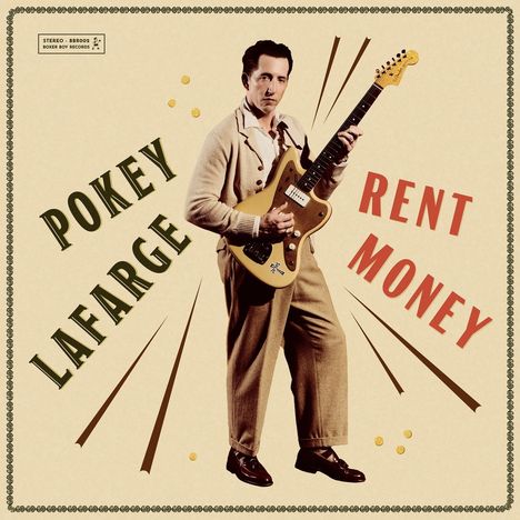 "POKEY LAFARGE" und "RENT MONEY" stehen groß geschrieben. Eine Person hält eine Gitarre, gekleidet im Stil der 50er Jahre.
