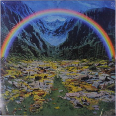 Keine sichtbaren Texte. Eine farbenfrohe Illustration zeigt einen Regenbogen über einer hügeligen Landschaft.