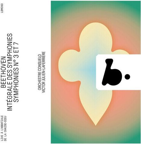 Links: "BEETHOVEN INTÉGRALE DES SYMPHONIES N° 3 ET 7." Rechts: Buntes Design mit stilisierter blattähnlicher Form.