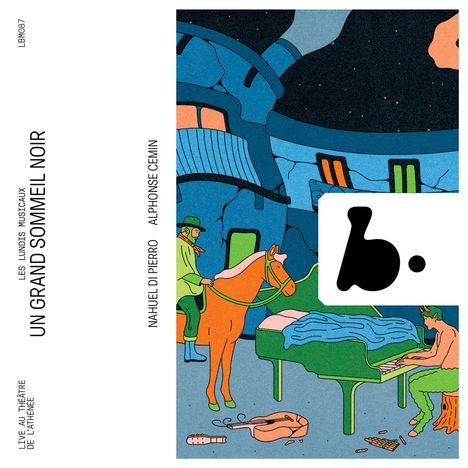 "UN GRAND SOMMEIL NOIR" steht vertikal. Illustration: Ein Mann auf einem Pferd und ein anderer an einem Klavier. Fantasievoll.