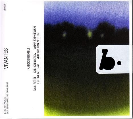 "VIVANTES", "KATOK ENSEMBLE", Namen von Musikern. Illustration mit Farbverlauf von Blau zu Schwarz mit einem weißen Logo.
