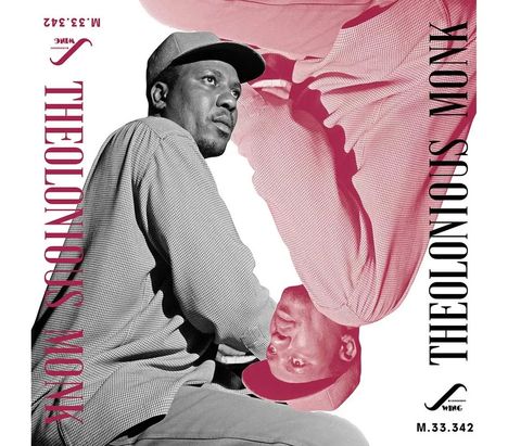 "Thelonious Monk" in roter und schwarzer Schrift. Schwarz-weißes Porträt eines Mannes mit basecap, künstlerisch gespiegelt.