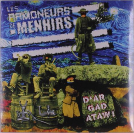 Texte: "LES RAMONEURS DE MENHIRS", "D'AR GAD ATAV!". Oben eine bunte Illustration im Stil von Van Gogh, unten Menschen mit Masken.