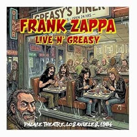"Frank Zappa Live 'N' Greasy, Palace Theatre, Los Angeles 1984." Comic-Stil: Menschen in einem Diner, retro Atmosphäre.