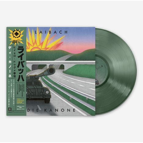 Laibach "Die Kanone" in schwarzem Text, grünes Vinyl. Illustration: Panzer auf Autobahn vor Sonnenaufgang, Berge im Hintergrund.