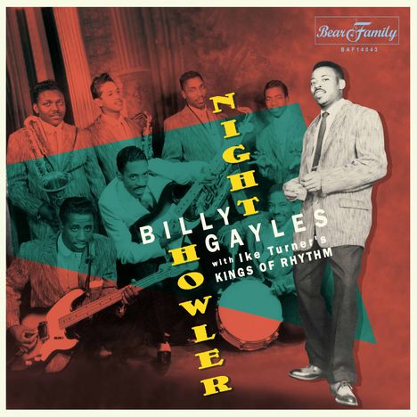 "Billy Gayles Night Howler" in gelbem und weißem Text. Eine retro aussehende Band mit Instrumenten, schwarz-weiß und farbig.