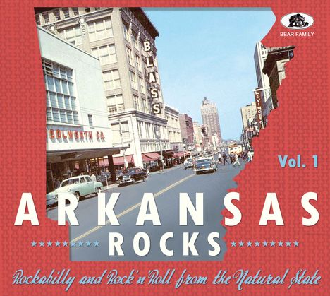 "ARKANSAS ROCKS Vol. 1", Rockabilly und Rock'n'Roll. Stadtstraße mit alten Autos, Gebäuden, Blass und Woolworth Co.