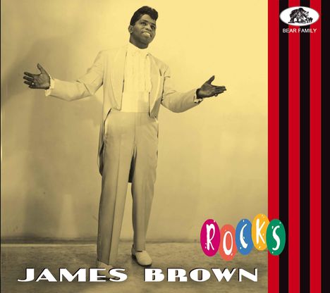 "JAMES BROWN ROCKS" ist groß geschrieben. Bild zeigt einen Mann im Anzug mit ausgebreiteten Armen, rechts ein Logo.