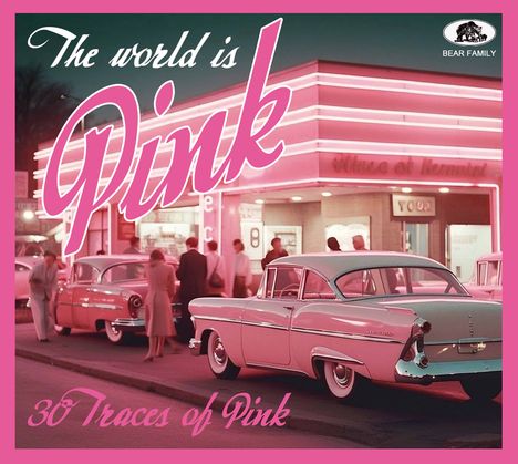 "The world is Pink" in großer Schrift; Retro-Szene mit Oldtimern und einem Diner im rosa Licht.