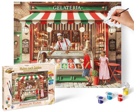 "Malen nach Zahlen", "Italienische Eisdiele". Eine Illustration zeigt eine Eisdiele mit Eisverkäufer und Kindern. Bunte Farben.