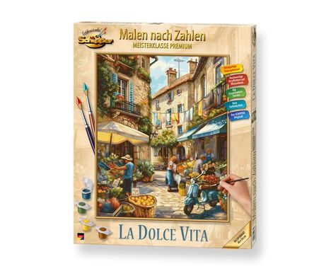 „Malen nach Zahlen“, „MEISTERKLASSE PREMIUM“, „La Dolce Vita“. Gemälde zeigt eine südländische Marktszene mit Vespa.