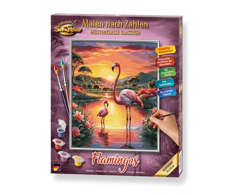 „Malen nach Zahlen“, „Flamingos“, „Einzigartige Malergebnisse“, zwei Flamingos im Sonnenuntergang an einem See.