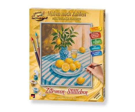„Zitronen-Stillleben“, Malen nach Zahlen, Meisterklasse Klassiker. Bild zeigt Zitronen auf einem Teller mit blauem Muster.