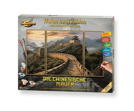 Text: "Malen nach Zahlen: Meisterklasse Triptychon. DIE CHINESISCHE MAUER." 

Abbildung der Chinesischen Mauer als Triptychon.