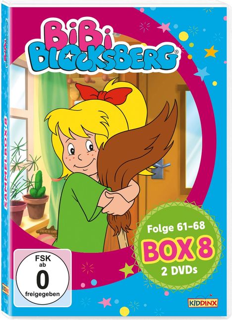 "BiBi Blocksberg", Folge 61-68, Box 8, 2 DVDs, FSK 0. Illustration eines Mädchens mit blondem Haar, grünem Kleid und Besen.