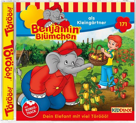 "Benjamin Blümchen als Kleingärtner" mit Nummer 171. Ein Elefant im Garten, ein Junge mit Gemüsekorb.